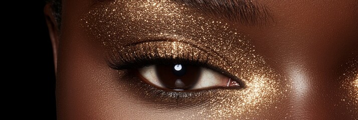 Closeup of a Model s Eye with Gold Glitter Eyeshadow. Beauty Shot Highlighting Dark Skin Tone.