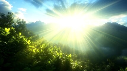 Wall Mural - Radiant Sunburst Through Verdant Mountain Foliage