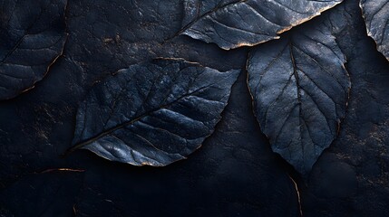 Poster - Intricate dark blue leaves with golden edges, creating a sophisticated, moody still life image. Macro Texture Backgrounds Dark Elegance Flexible Blue and Gold Leaves