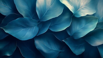 Poster - Close-up image of teal colored leaves, creating a serene and peaceful atmosphere. Macro Texture Backgrounds Dark Elegance Flexible Blue and Gold Leaves