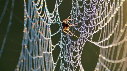 Close-up video of a spider on a dew-covered web, captured at eye level. The backlit scene highlights the intricate web design and glistening droplets.