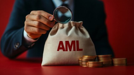 Aufkleber - A person examines a money bag labeled 