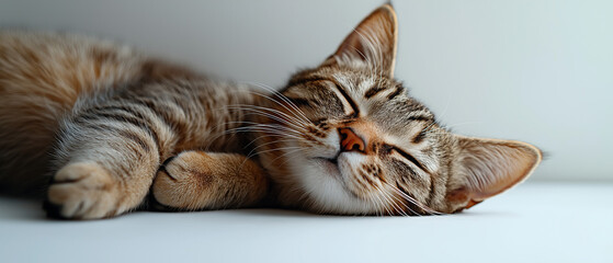 Wall Mural - Peaceful Feline Slumber: A tabby cat rests peacefully, eyes closed, paws tucked neatly. The soft lighting enhances the cat's tranquil demeanor. 