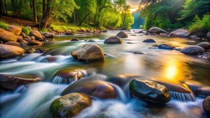 Poster - Serene Tranquility  The River Flows Calmly Past Smooth Rounded Stones Bathed in Golden Light from the Setting Sun, Creating a Peaceful and Reflective Atmosphere.
