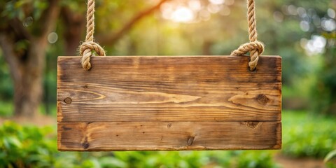 Poster - A rustic wooden sign hanging from weathered rope, with a blurred green background and a warm glow of sunlight in the distance.