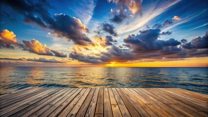 Aufkleber - Golden Hour Sunset Over a Tranquil Sea, View from a Wooden Deck