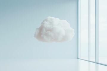 Poster - Surreal soft white cloud floating in a bright, minimalistic indoor space, symbolizing serenity and creativity in modern design