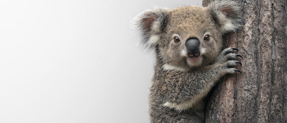 Koala on Gum Tree: An adorable koala bear clings to a eucalyptus tree trunk, its endearing expression capturing hearts.  Its fluffy fur and captivating gaze make for a charming wildlife photograph.