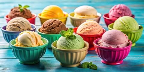 Poster - A colorful assortment of ice cream flavors in bowls on a blue wooden table, ready to be enjoyed on a warm day.