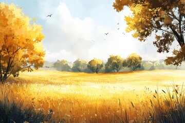 Wall Mural - Golden fields under a bright sky with trees and birds in a serene landscape during fall