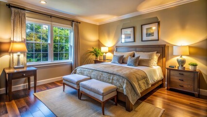 Poster - A well-lit bedroom with a large window, wooden floors, and a comfortable bed with plush pillows and a throw blanket.