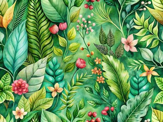 Wall Mural - Lush Green Watercolor Botanical Pattern Backdrop - High-Resolution Stock Photo