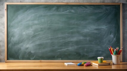 Aufkleber - Blank Chalkboard With Wooden Frame, Writing Utensils, and Notepad on a Wooden Desk