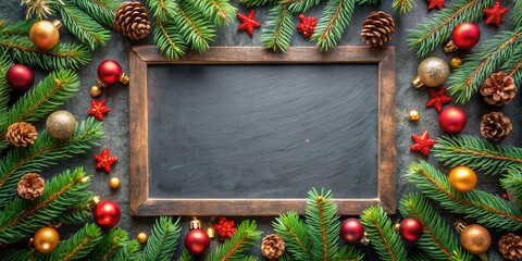 Poster - A Rustic Blackboard Surrounded by Festive Evergreen Branches, Adorned with Red and Gold Ornaments and Pine Cones