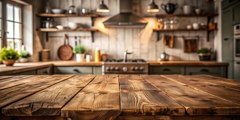 Poster - A Rustic Wooden Table in a Cozy Kitchen with a Blurry Background of Rustic Shelves, Cabinets, and a Stove