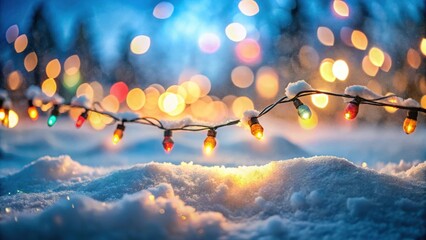 Poster - A string of twinkling lights draped across a snowy landscape, casting a warm glow against a backdrop of blurred bokeh lights.