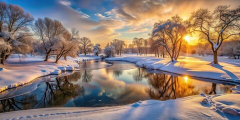 Aufkleber - A winter wonderland with frosted trees reflecting in the serene water of a frozen river under a vibrant sky