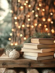 Leinwandbilder - Cozy stack of books on rustic wooden shelf with twinkling lights and natural decorations in a warm setting. Generative AI