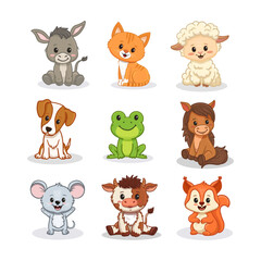 Wall Mural - Set of cartoon cute animals including puppy, dog, donkey, horse, lumb, sheep, cow and frog, mouse, squirrel cat, kitten, horse. Funny animals for magazines, postcards, cards. Vector illustration