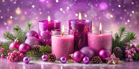 Poster - A Festive Arrangement of Lavender Candles, Pine Sprigs, and Shiny Ornaments,  Illuminating a Purple Winter Wonderland