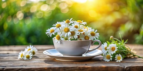 Aufkleber - A bouquet of white daisies with yellow centers arranged in a white teacup, sitting on a wooden table, with additional daisies spilling over the edge, all bathed in warm sunlight.