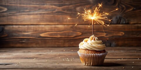 Poster - Sparkling Celebration A Single Cupcake with a Frosted Topping and a Lit Sparkler on a Rustic Wooden Background