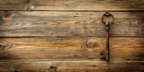 Poster - A solitary, weathered key rests upon a rustic wooden surface, hinting at forgotten secrets and the passage of time.