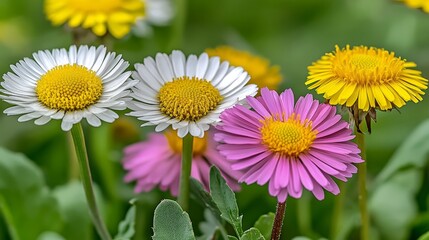 Wall Mural - Vibrant Wildflower Meadow Pink, White Daisies, Yellow Dandelions in Full Bloom, Natural Daylight