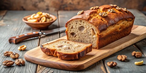 Poster - A Loaf of Nut Bread with a Slice Cut Off, Ready to be Served on a Wooden Cutting Board