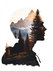 Silhouette of young male with mountain landscape double exposure.