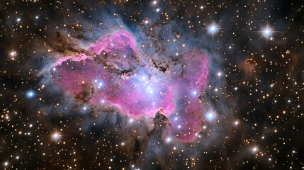Wall Mural - galaxy scene with pink purple nebula and glowing stars beams of light piercing swirling gas clouds