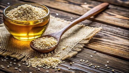 Poster - A wooden spoon filled with sesame seeds rests on a burlap napkin, beside a glass bowl brimming with golden sesame oil, on a rustic wooden surface.