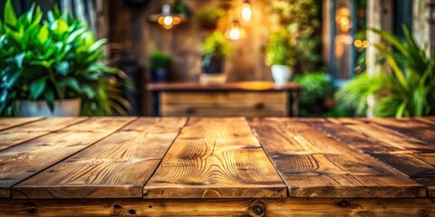 Aufkleber - Rustic wooden table top in a cafe with a blurry background of greenery and warm lighting
