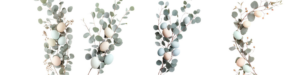 Wall Mural - Elegant botanical arrangement featuring soft gray and pink toned foliage branches and leaves displayed on a plain white background  The minimalist natural composition creates a serene calming