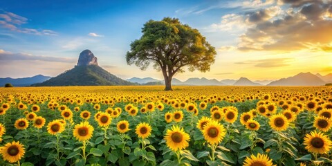 Aufkleber - A solitary tree stands tall in a vast field of sunflowers, bathed in the warm glow of a setting sun, with distant mountains forming a picturesque backdrop.