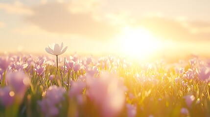 Wall Mural - Serene Meadow of Crocuses Bathed in Golden Sunlight at Dawn Revealing Natural Beauty