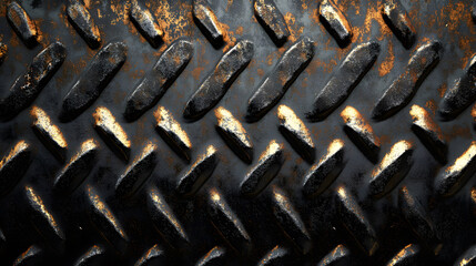 Poster - A close-up view of a textured metal surface featuring a diamond pattern, highlighting wear and rust on the black finish