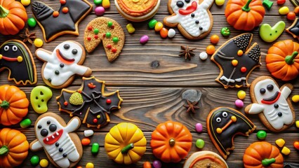 Canvas Print - A festive Halloween spread of homemade gingerbread cookies, candy, and miniature pumpkins on a rustic wooden surface