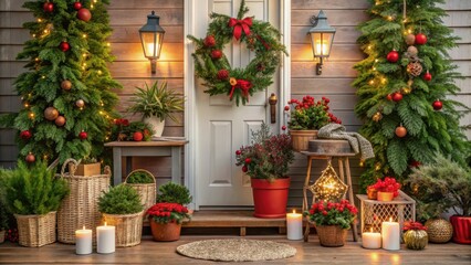 Poster - A Festive Porch Decorated with Christmas Trees, Wreaths, and Lights for a Cheerful Holiday Atmosphere