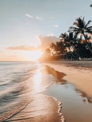 Aufkleber - Beautiful sunset over a calm beach with reflections on the water and palm trees lining the shore. Generative AI
