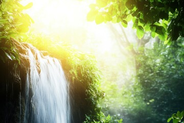Poster - Serene water cascade surrounded by lush greenery in a peaceful forest setting during daylight. Generative AI