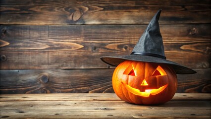 Poster - A glowing jack-o-lantern in a witch's hat on a wooden table against a rustic wood backdrop.