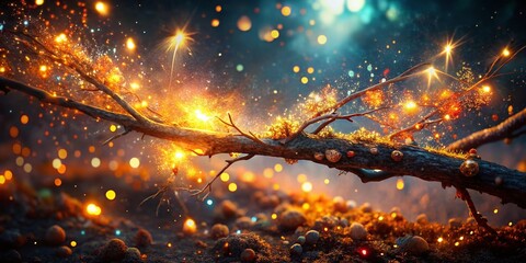 Wall Mural - Magical Glowing Branch with Sparks on Glittery Surface - Drone Aerial Shot