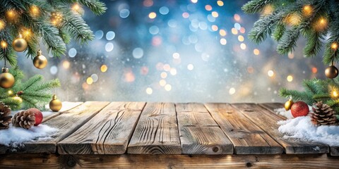 Aufkleber - Rustic Wooden Tabletop Decorated with Evergreen Branches, Snow, and Christmas Ornaments, Perfect for Holiday Displays