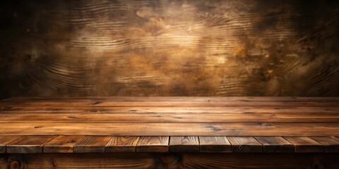 Leinwandbilder - A Rustic Wooden Tabletop Against a Blurry Wooden Background with Warm Lighting
