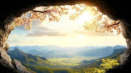 Wall Mural - Serene Valley View from Cave Opening Adorned with Blossoms at Sunrise for Tranquil Escape