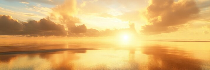 Poster - Golden sunrise over a calm ocean with reflective water and fluffy clouds. Generative AI
