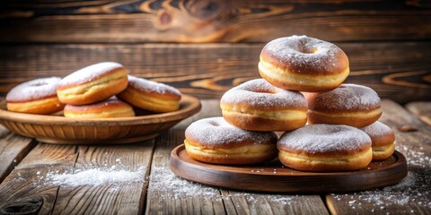 Poster - A Stack of Freshly Baked Doughnuts Sprinkled with Powdered Sugar on a Rustic Wooden Table