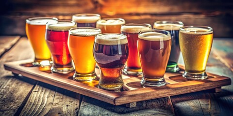 Poster - A wooden serving tray with a selection of craft beers on a rustic wooden table