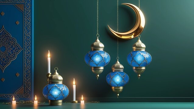A luxurious and elegant Ramadan-themed composition with a deep green background..